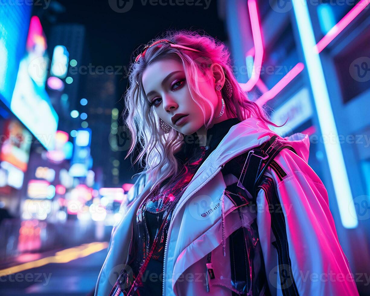 un foto de un niña en un luces de neón cyberpunk atuendo en un futurista paisaje urbano a noche ai generativo