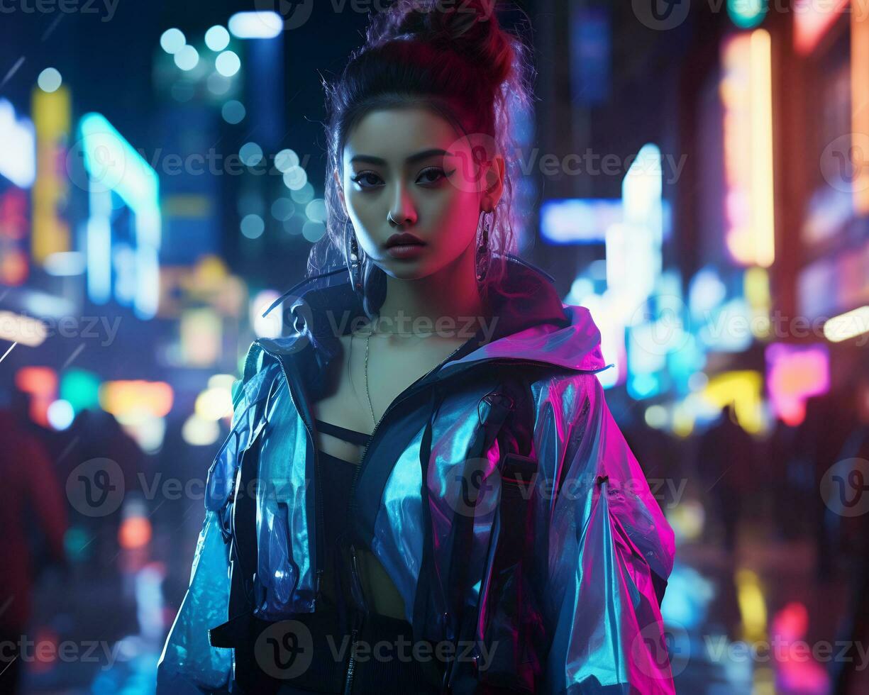 A photo of a girl in a neon-lit cyberpunk attire in a futuristic cityscape at night AI Generative