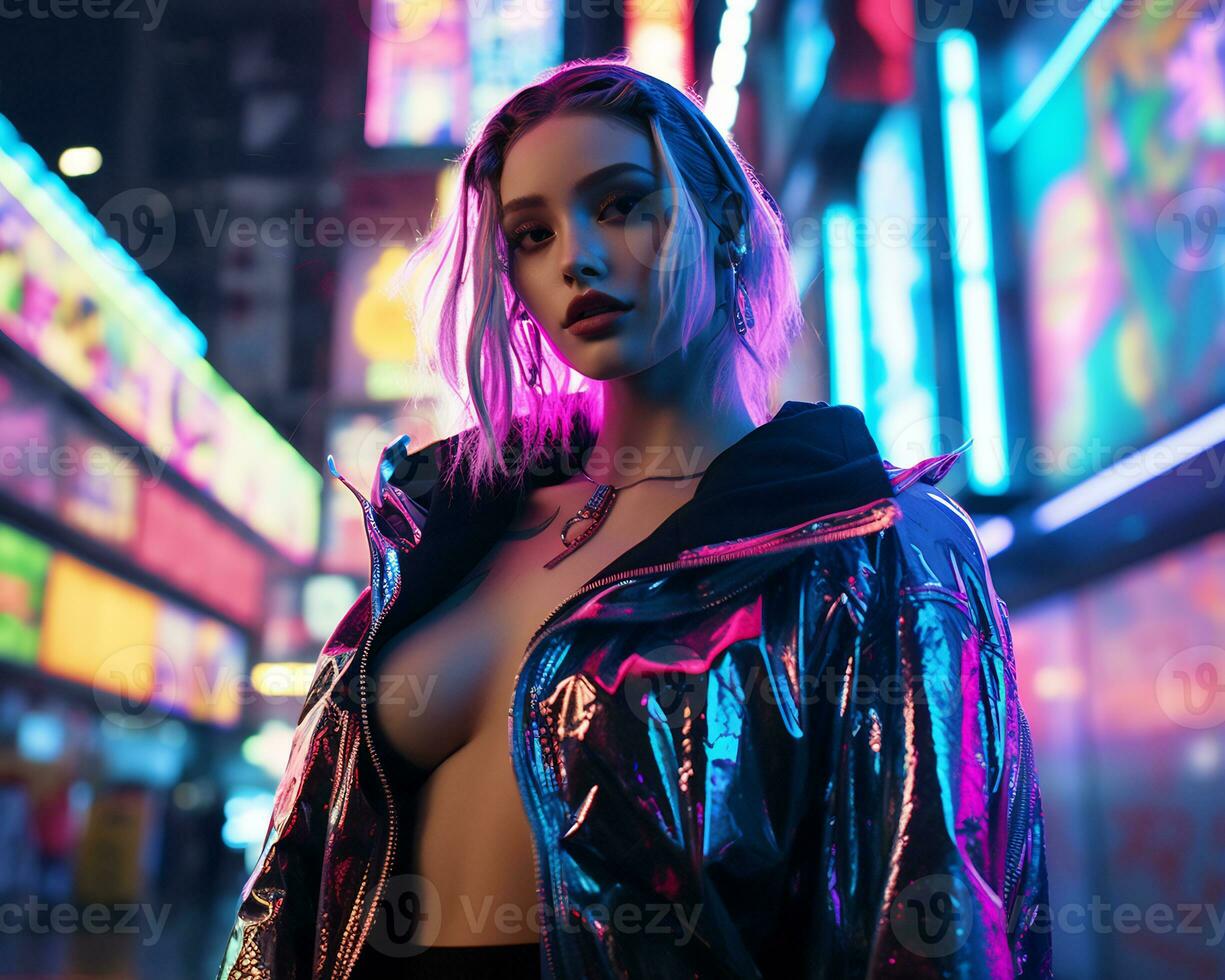 un foto de un niña en un luces de neón cyberpunk atuendo en un futurista paisaje urbano a noche ai generativo