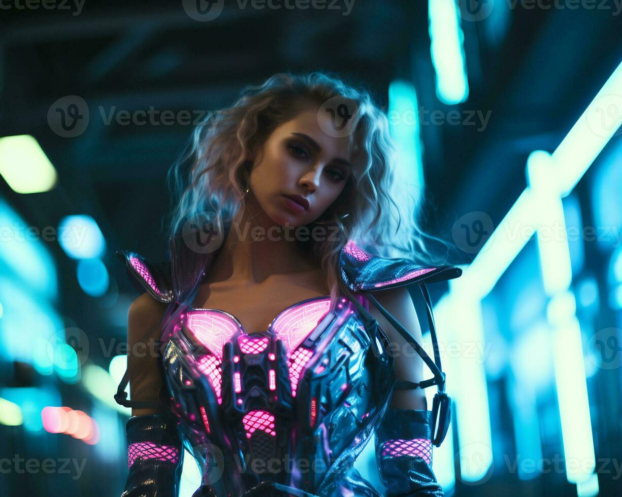 A photo of a girl in a neon-lit cyberpunk attire in a futuristic cityscape at night AI Generative