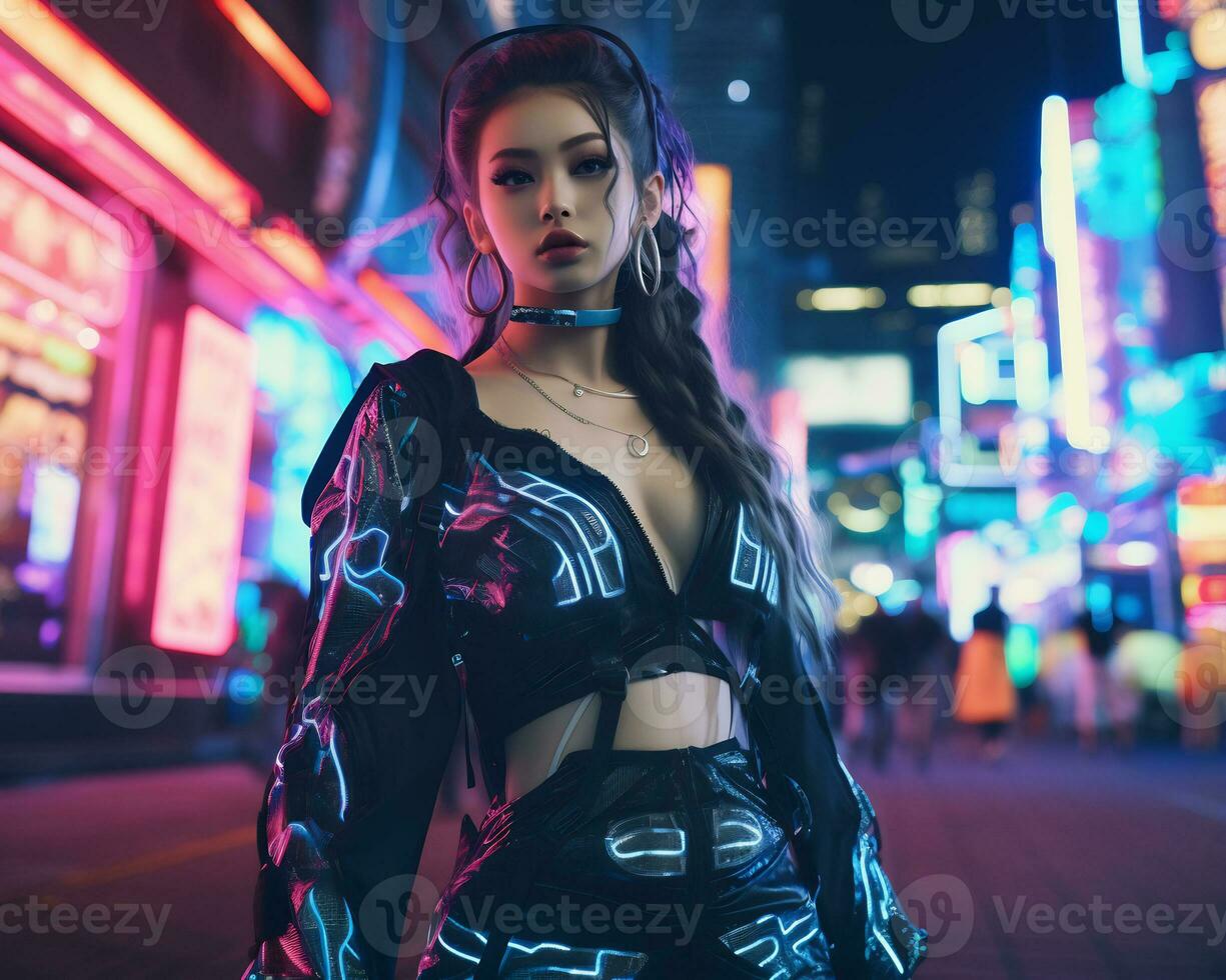 A photo of a girl in a neon-lit cyberpunk attire in a futuristic cityscape at night AI Generative