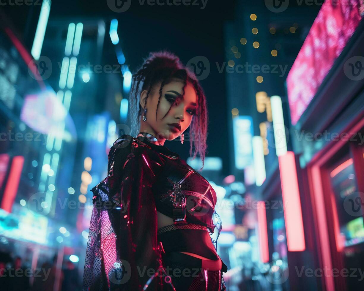 un foto de un niña en un luces de neón cyberpunk atuendo en un futurista paisaje urbano a noche ai generativo