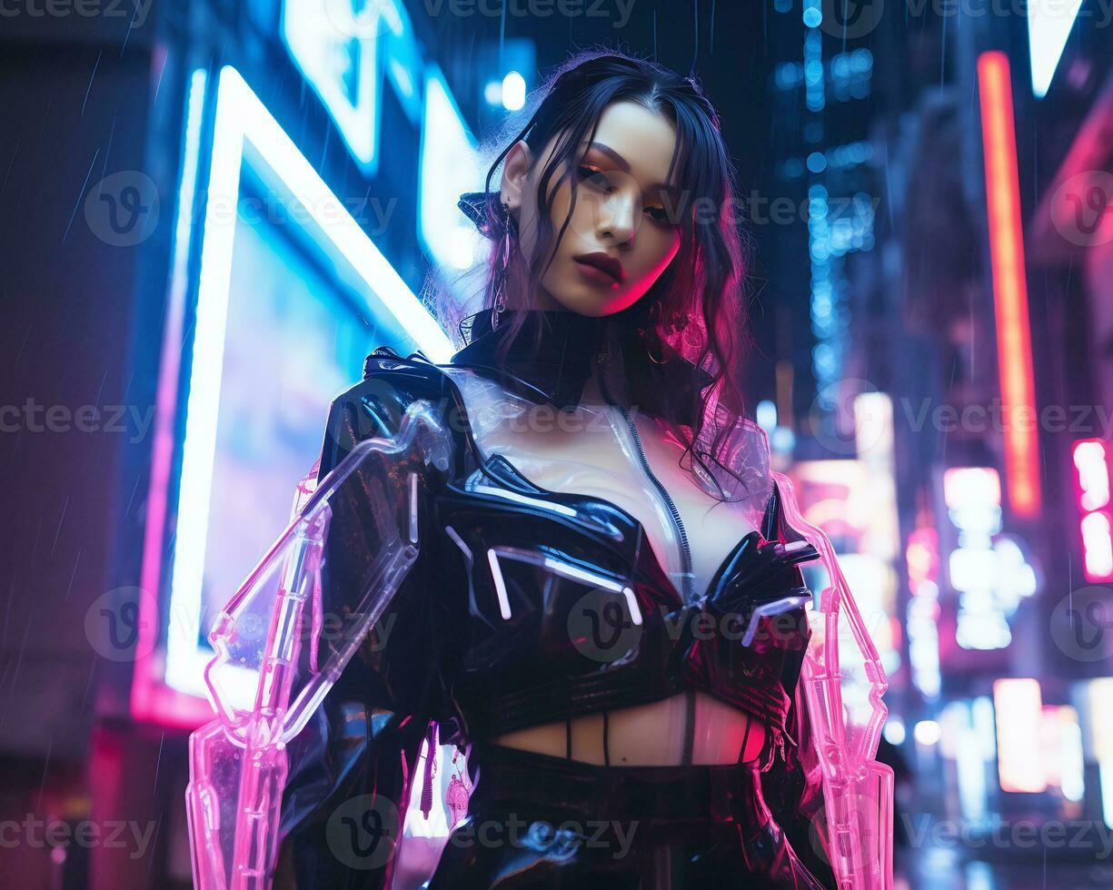 A photo of a girl in a neon-lit cyberpunk attire in a futuristic cityscape at night AI Generative