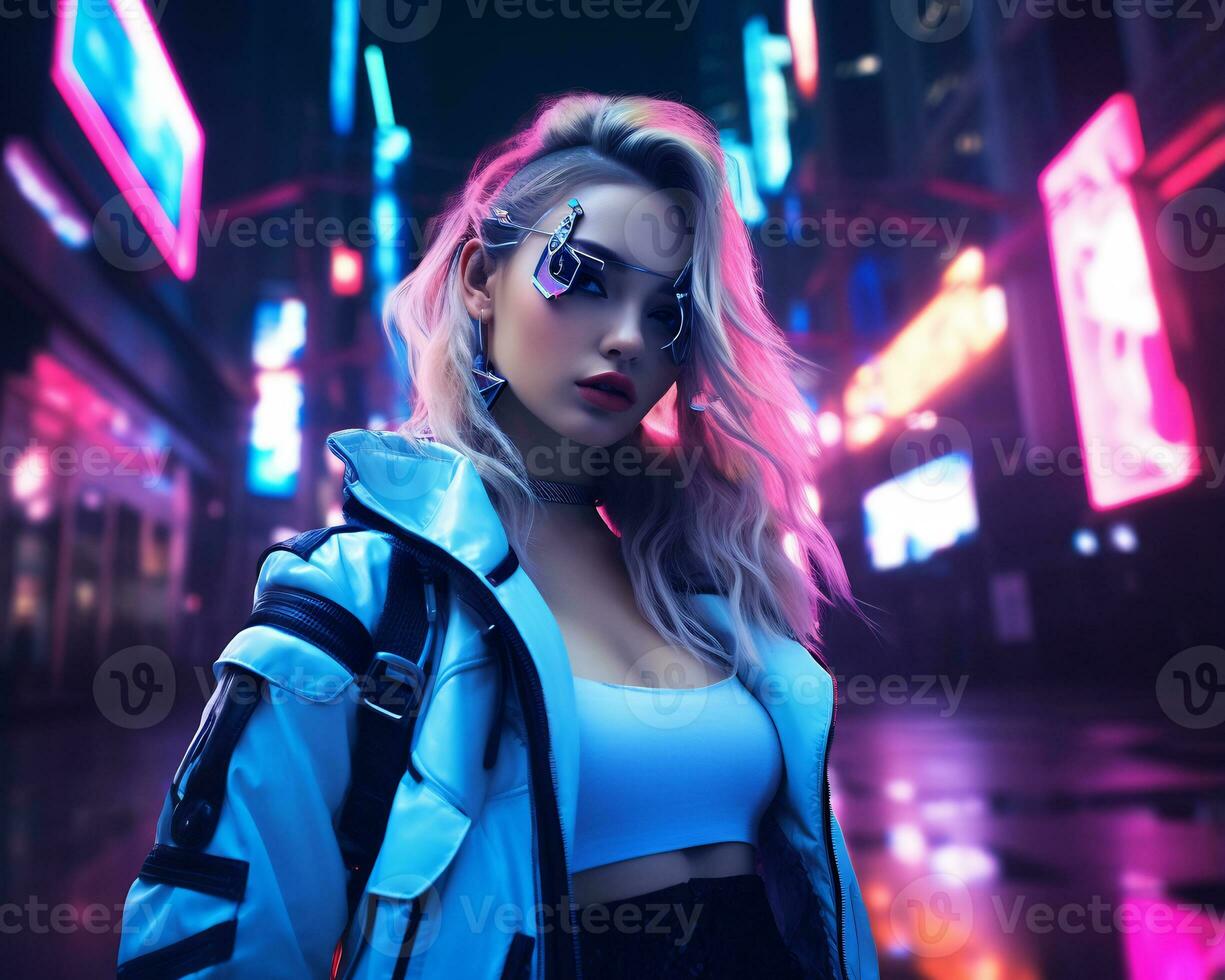 A photo of a girl in a neon-lit cyberpunk attire in a futuristic cityscape at night AI Generative