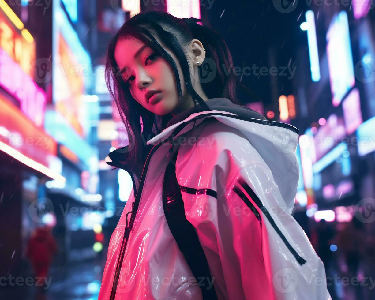 A photo of a girl in a neon-lit cyberpunk attire in a futuristic cityscape at night AI Generative