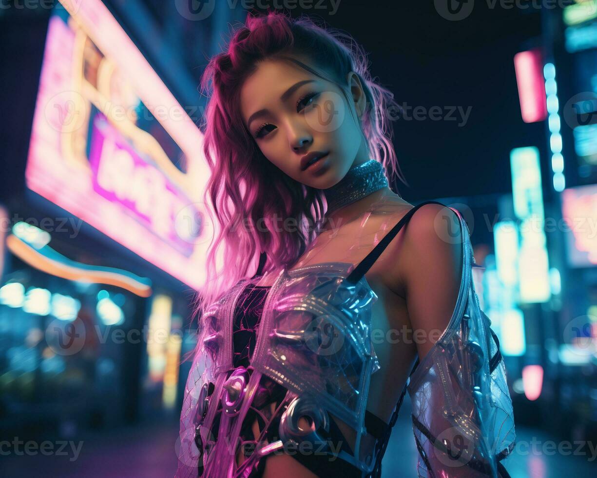 A photo of a girl in a neon-lit cyberpunk attire in a futuristic cityscape at night AI Generative