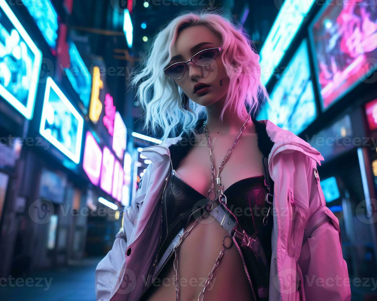 A photo of a girl in a neon-lit cyberpunk attire in a futuristic cityscape at night AI Generative