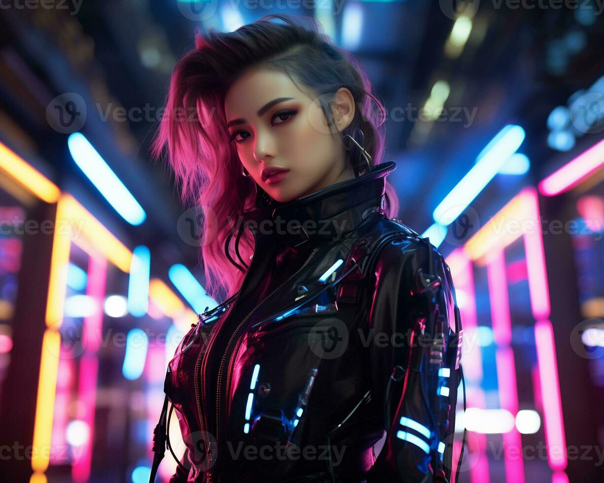 A photo of a girl in a neon-lit cyberpunk attire in a futuristic cityscape at night AI Generative