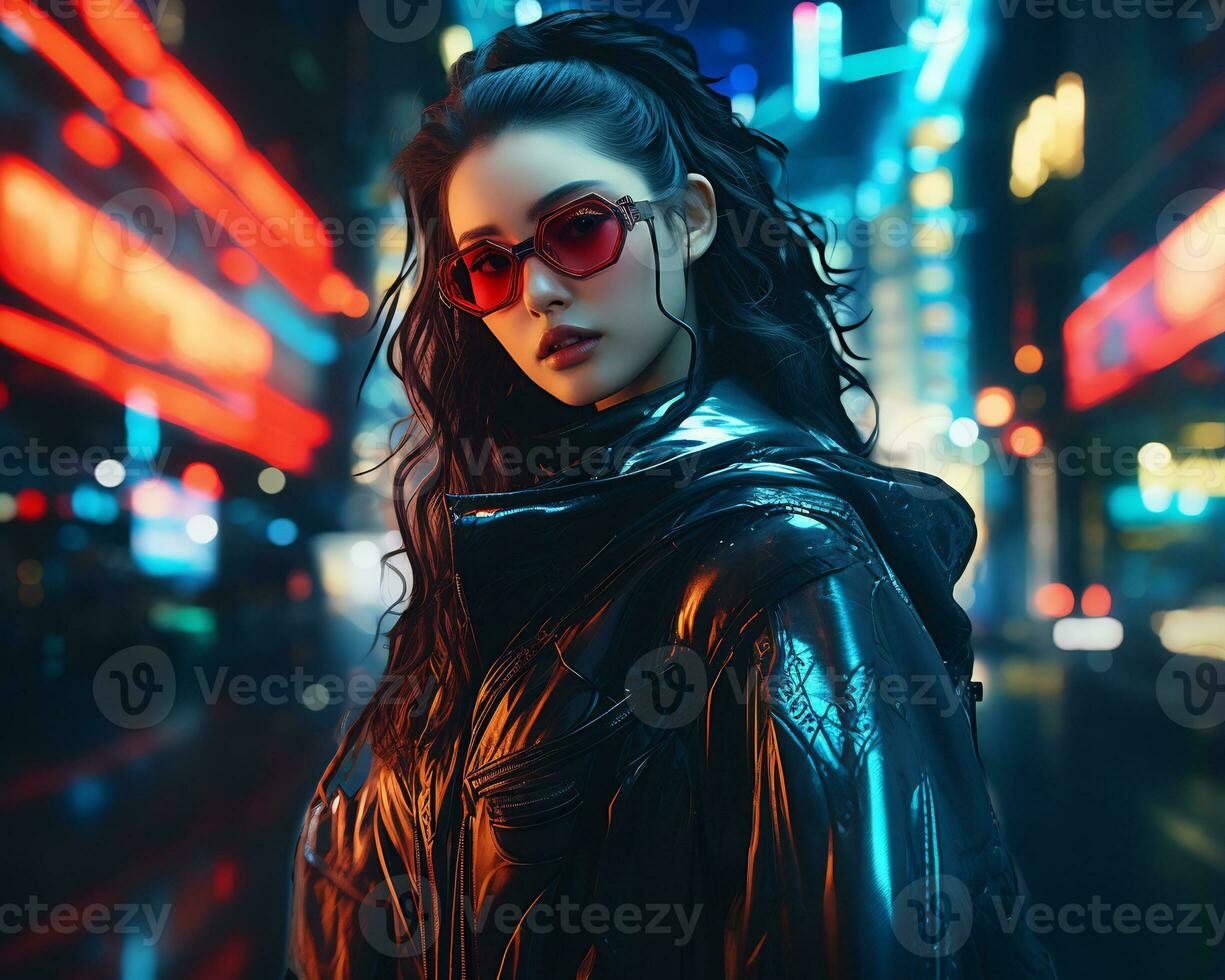 A photo of a girl in a neon-lit cyberpunk attire in a futuristic cityscape at night AI Generative