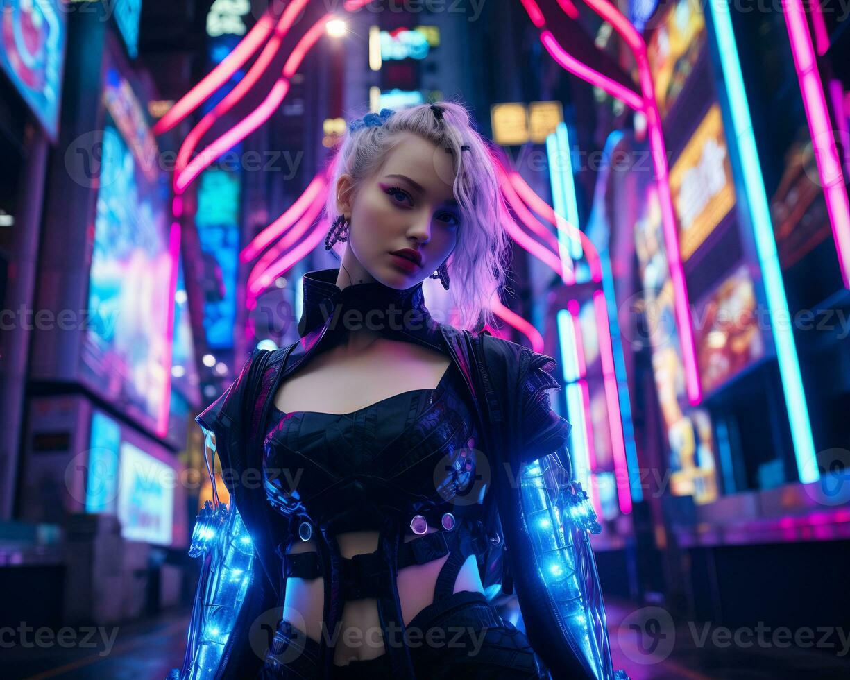 un foto de un niña en un luces de neón cyberpunk atuendo en un futurista paisaje urbano a noche ai generativo