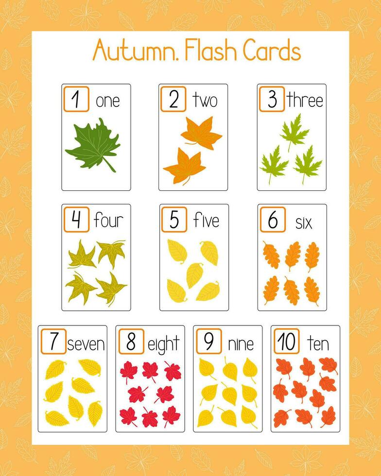 Autumn mushrooms, Thanksgiving English vocabulary learning printable flash cards, educational holiday worksheet for kids, nursery, kindergarten, pre-school or leisure activity, teacher resources, game vector
