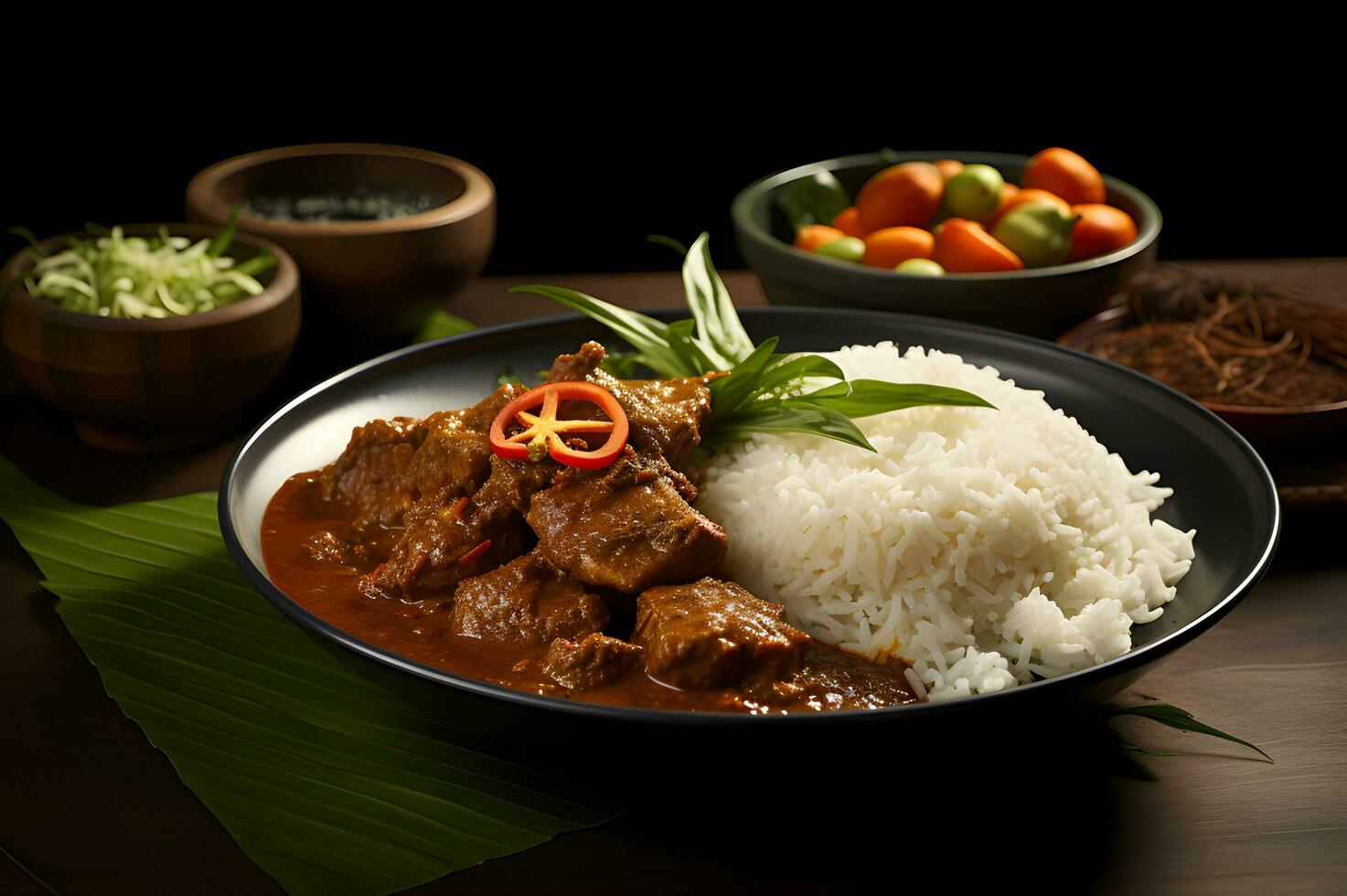 Rendang Padang Cuisine Served With Steaming Rice AI Generative photo