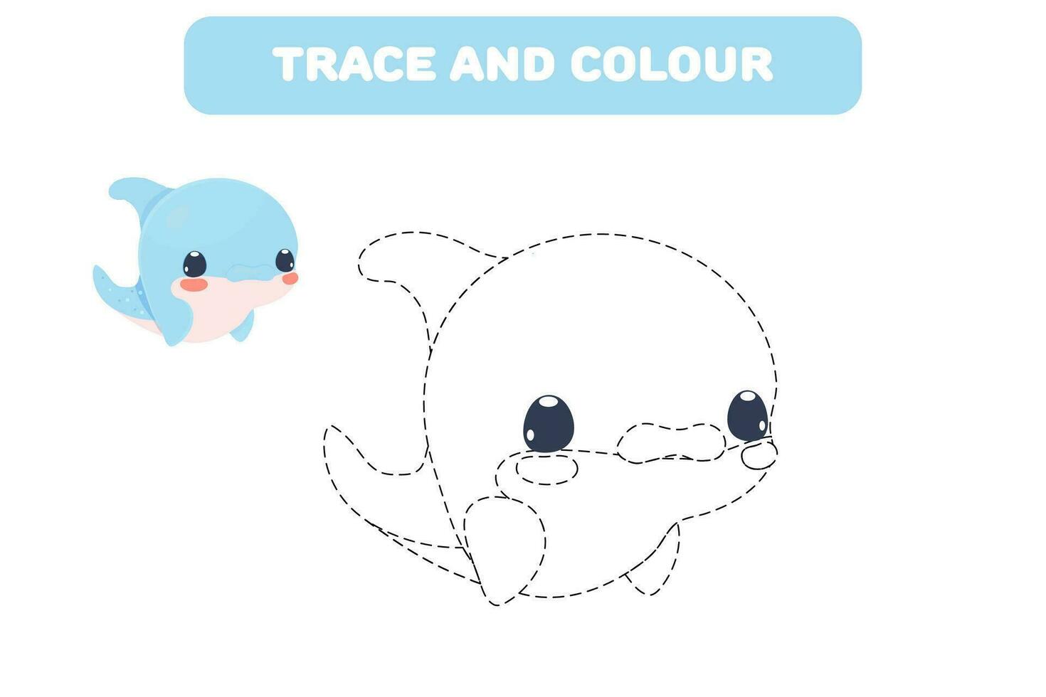 handwriting practice colouring book with cute sea character dolphin vector