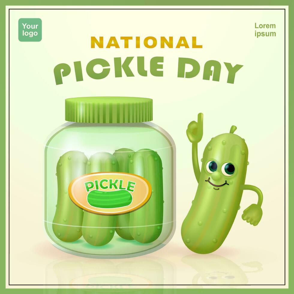 National Pickle Day. Cute pickle character and pickle in a jar. 3d vector, suitable for national pickle day celebration, food and design assets vector