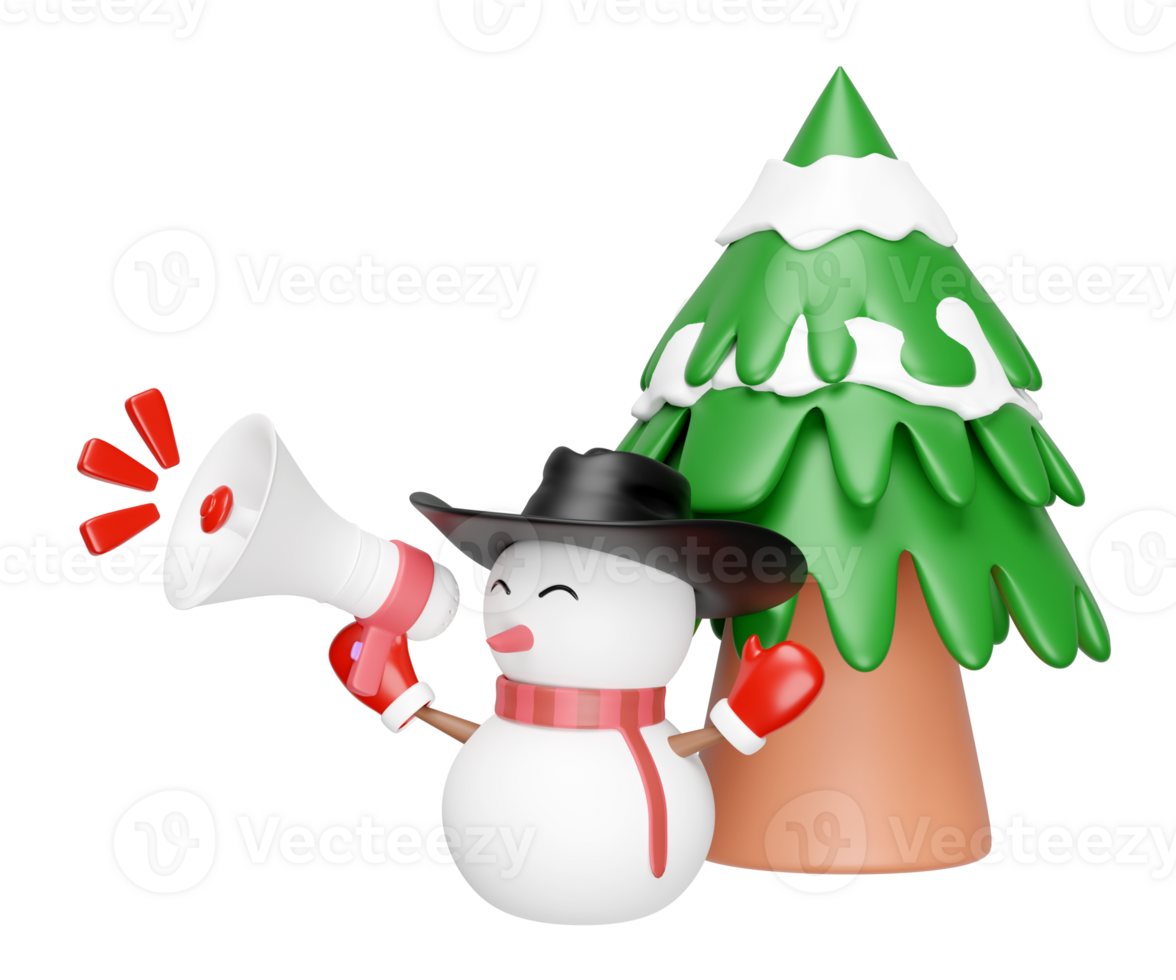 3d snowman holds megaphone with cowboy hat, warm mittens, scarf, christmas tree isolated. online shopping sale, merry christmas and festive New Year, 3d render illustration png