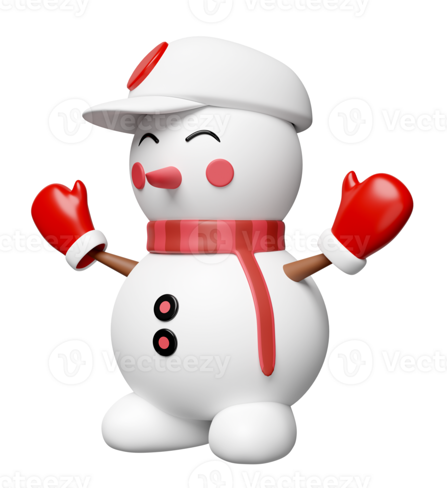 3d snowman with hat, warm mittens, scarf isolated. merry Christmas and festive New Year, 3d render illustration png