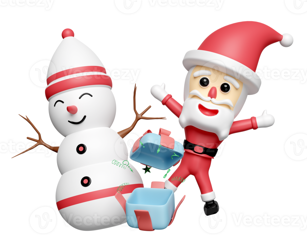 Santa Claus and snowman with surprise gift box isolated. merry christmas and happy new year, 3d render illustration png