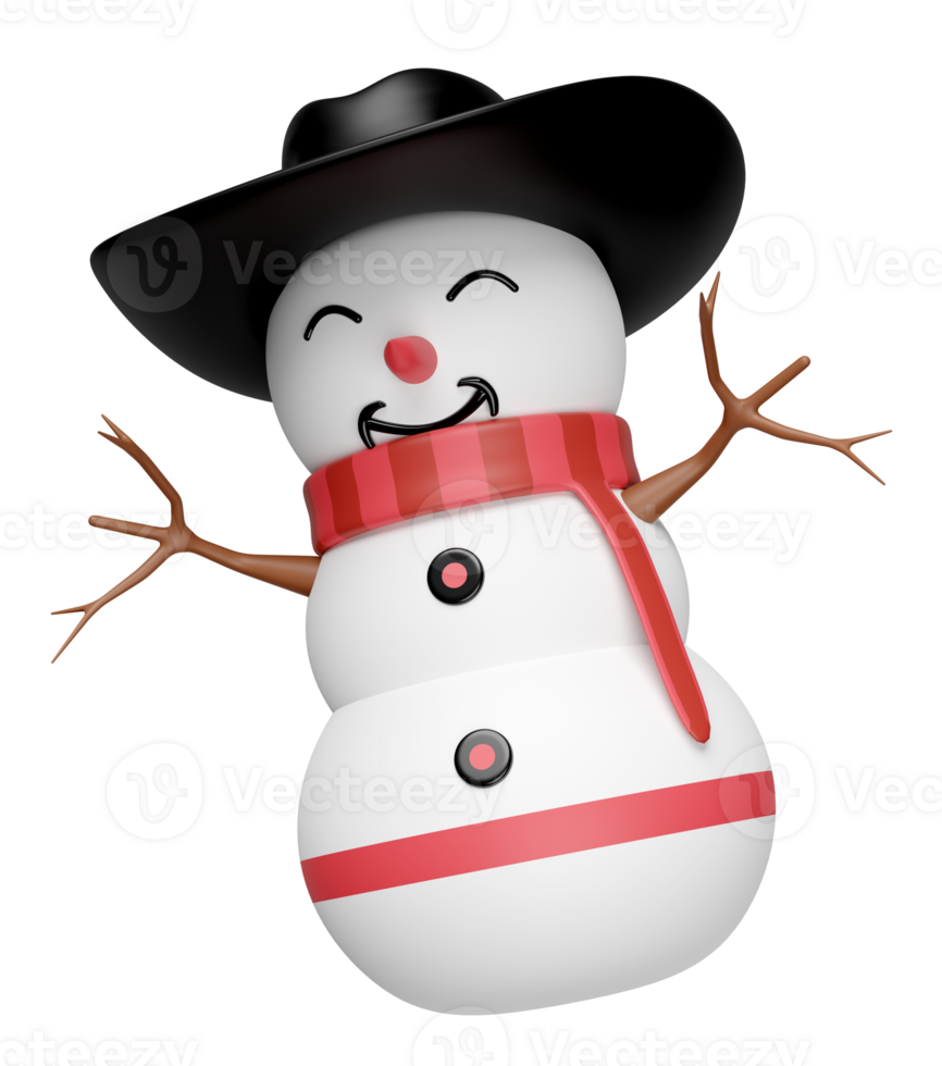 3d snowman with cowboy hat, scarf isolated. merry Christmas and festive New Year, 3d render illustration png