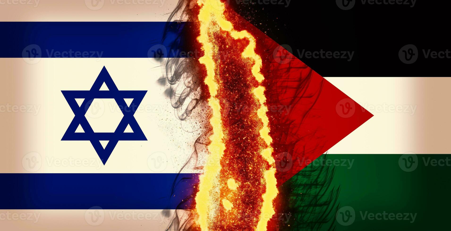 Israel vs Palestine flags divided by fire and smoke - digital composite photo