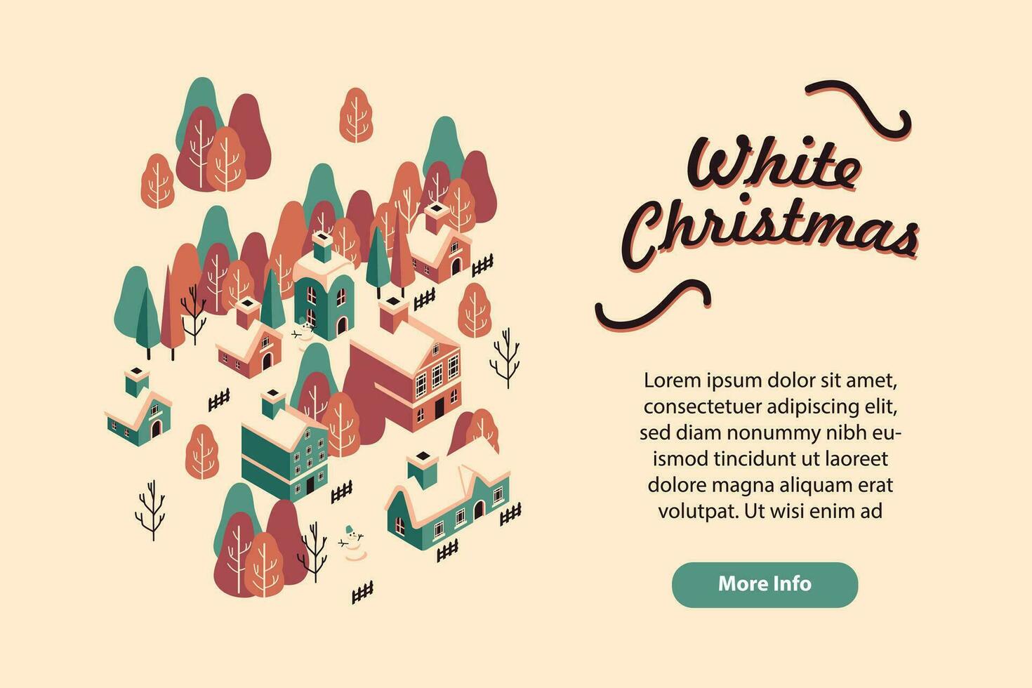 Christmas landscape at day time, decorated houses snowfall, Xmas tree with garlands and decorations, winter time. Vector snowman and lanterns, snowflakes and houses with chimneys, gift boxes, shop
