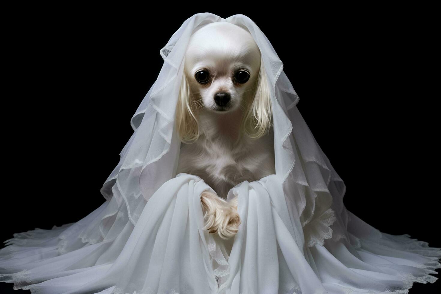 Dog wearing a ghost costume background, copy space, for Halloween concept. Ai generated photo