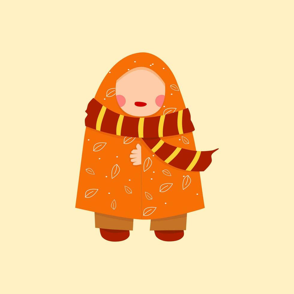 Cute girl illustration in winter scarf and orange warm sweater feels very cold. vector