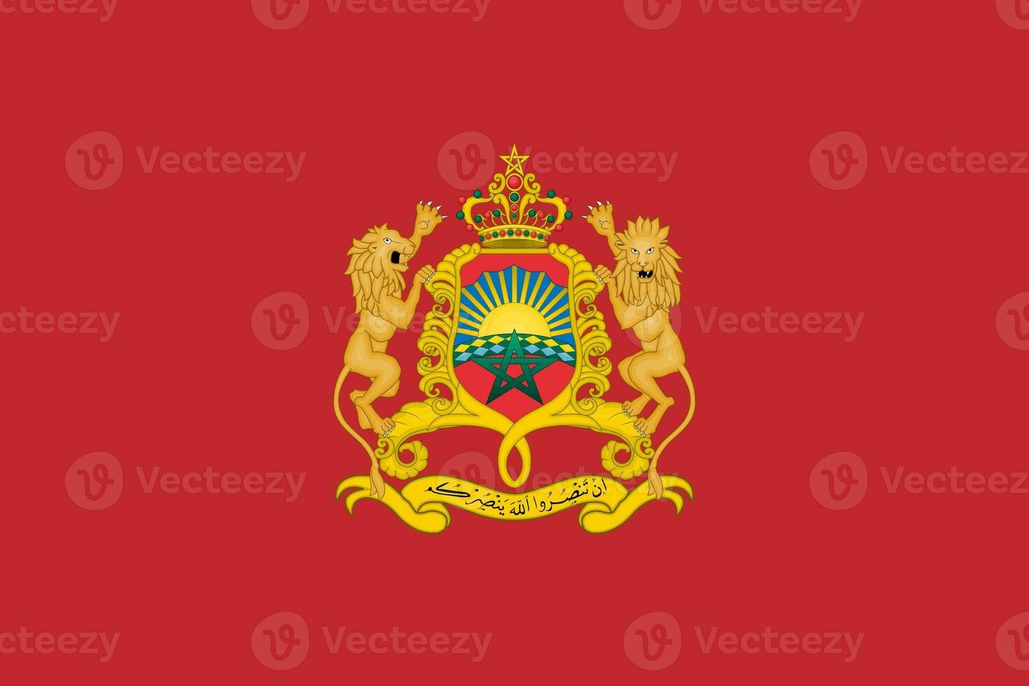 The official current flag and coat of arms of Kingdom of Morocco. State flag of Morocco. Illustration. photo