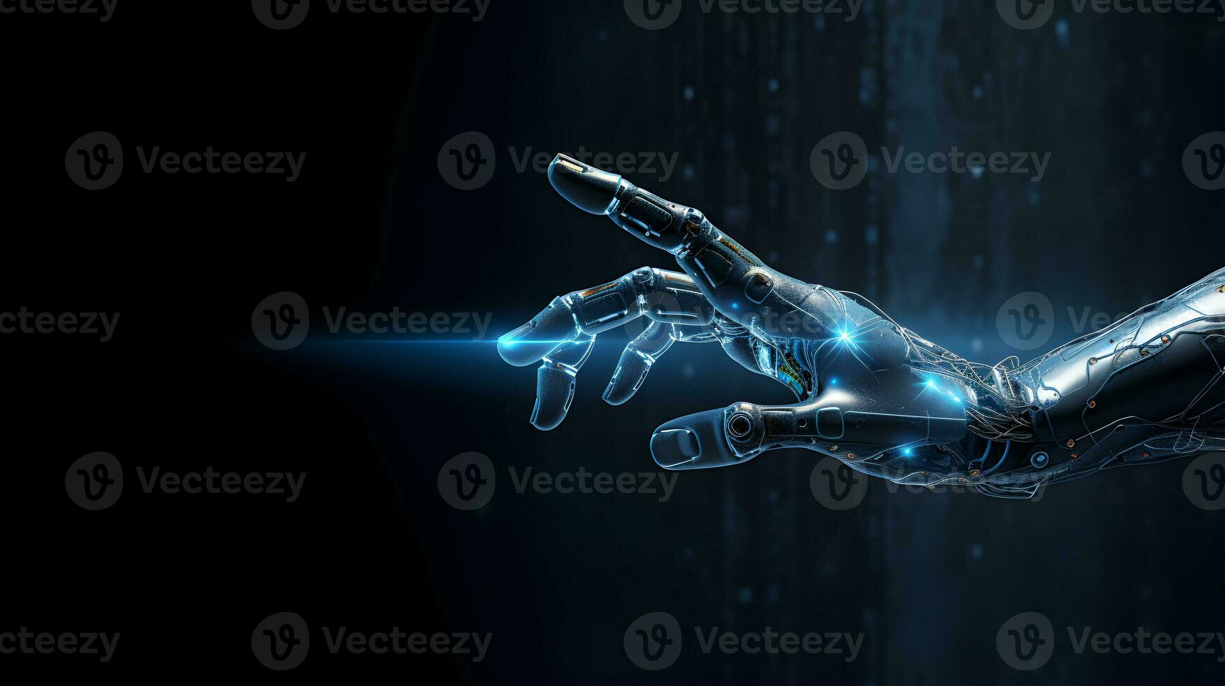 cyborg mano en oscuro antecedentes conmovedor pantalla con dedo foto
