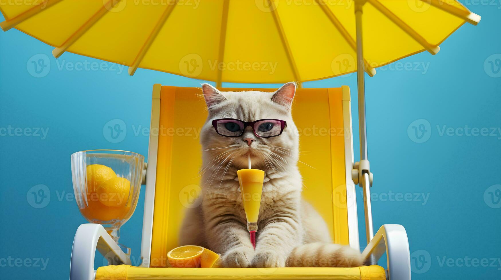 cool cat wears eyeglasses sits on beach chair illustration Generative AI photo