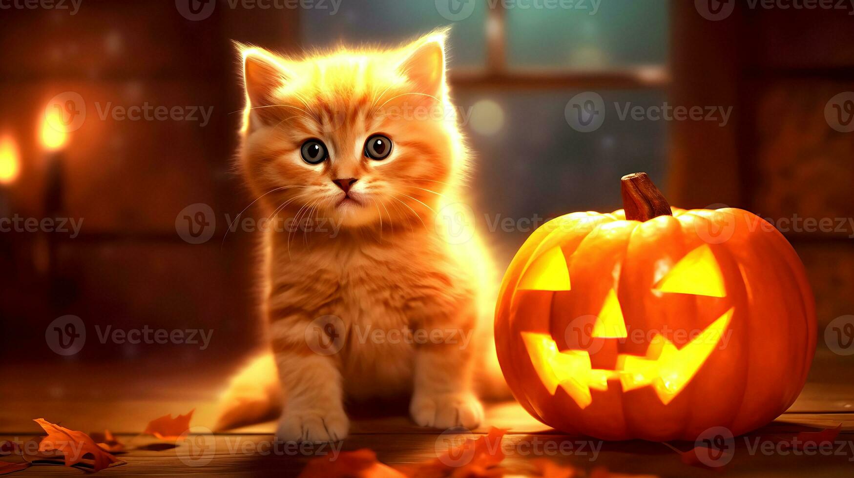 cute kitten with halloween pumpkin, illustration , Generative AI photo