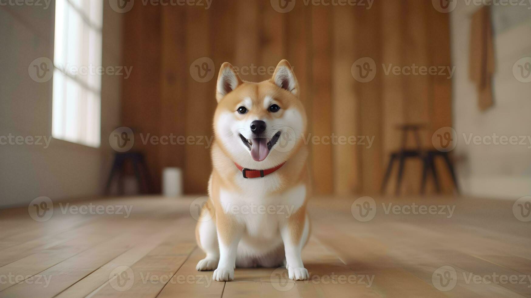 Happy Shiba Inu dog sits in the room Generative AI illustration photo