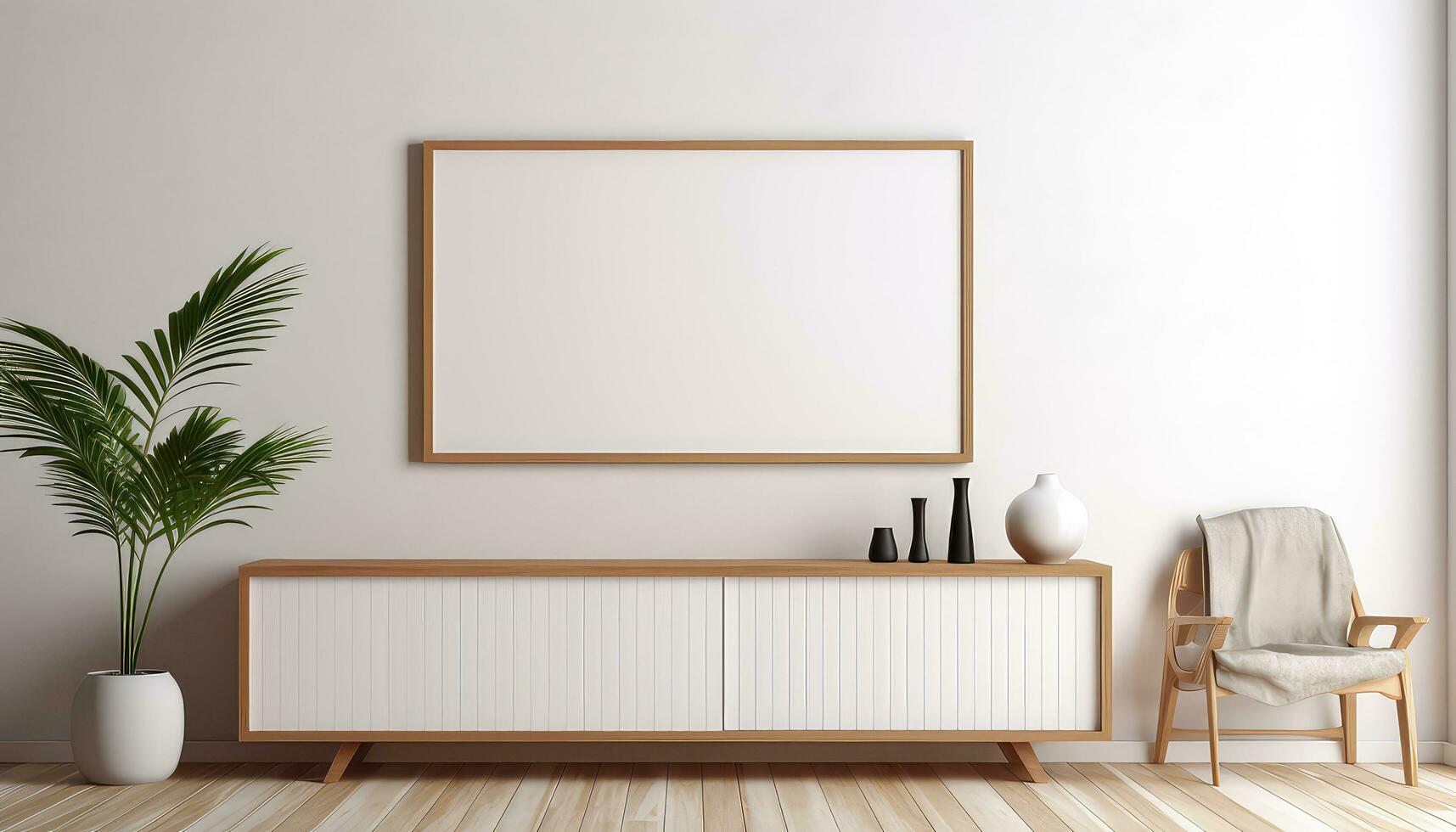 Minimalist Frame and Wooden Console with Silhouette Lighting AI generated photo