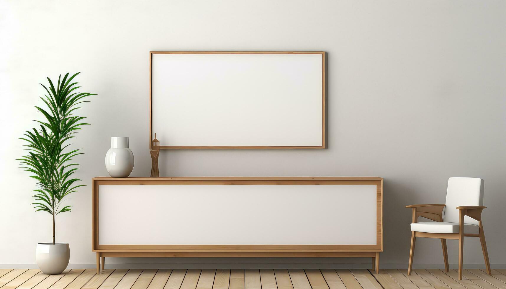 Minimalist Frame and Wooden Console with Silhouette Lighting AI generated photo