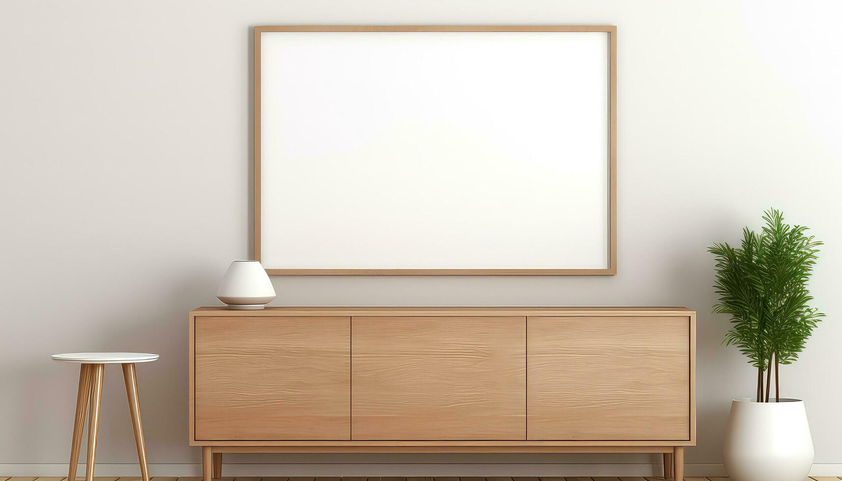 Minimalist Frame and Wooden Console with Silhouette Lighting AI generated photo