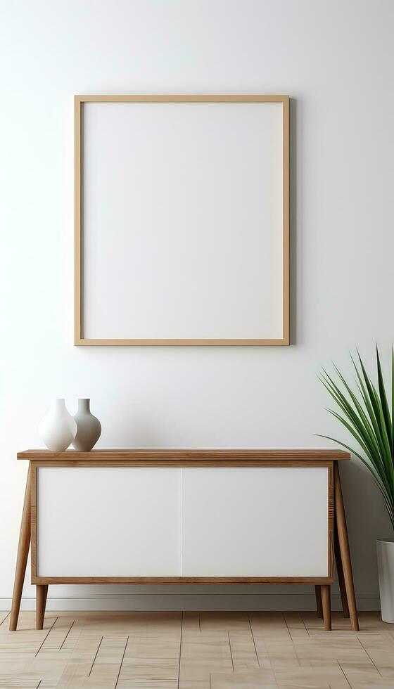 Minimalist Frame and Wooden Console with Silhouette Lighting AI generated photo