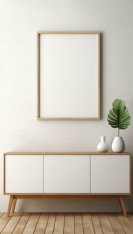 Minimalist Frame and Wooden Console with Silhouette Lighting AI generated photo