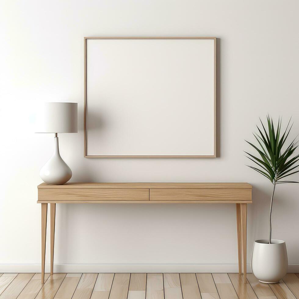 Minimalist Frame and Wooden Console with Silhouette Lighting AI generated photo