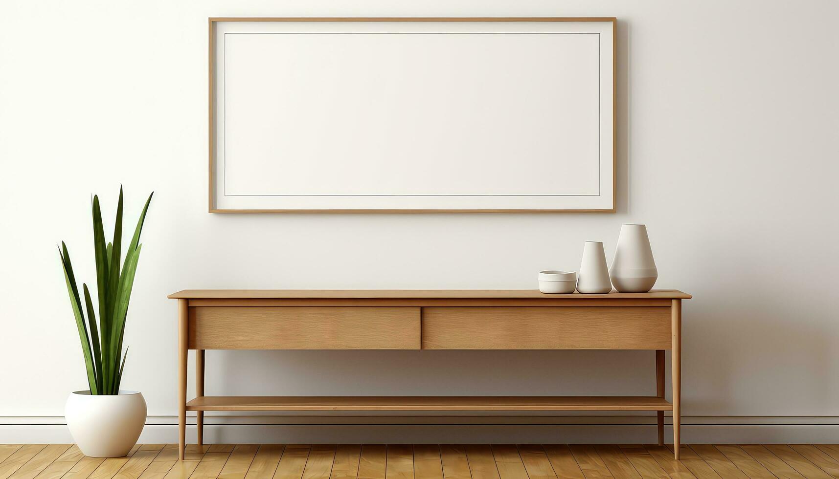 Minimalist Frame and Wooden Console with Silhouette Lighting AI generated photo