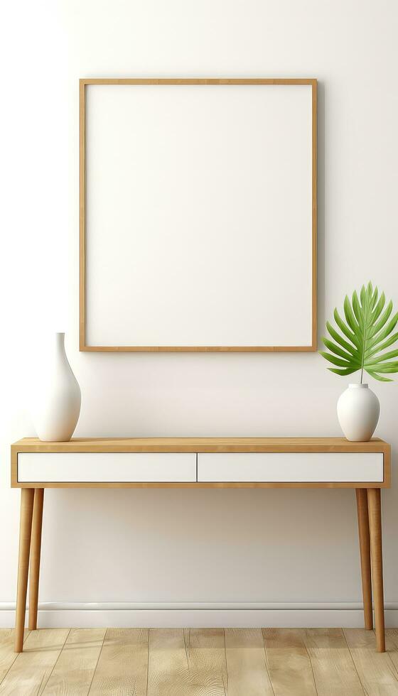 Minimalist Frame and Wooden Console with Silhouette Lighting AI generated photo