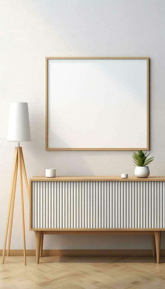 Minimalist Frame and Wooden Console with Silhouette Lighting AI generated photo