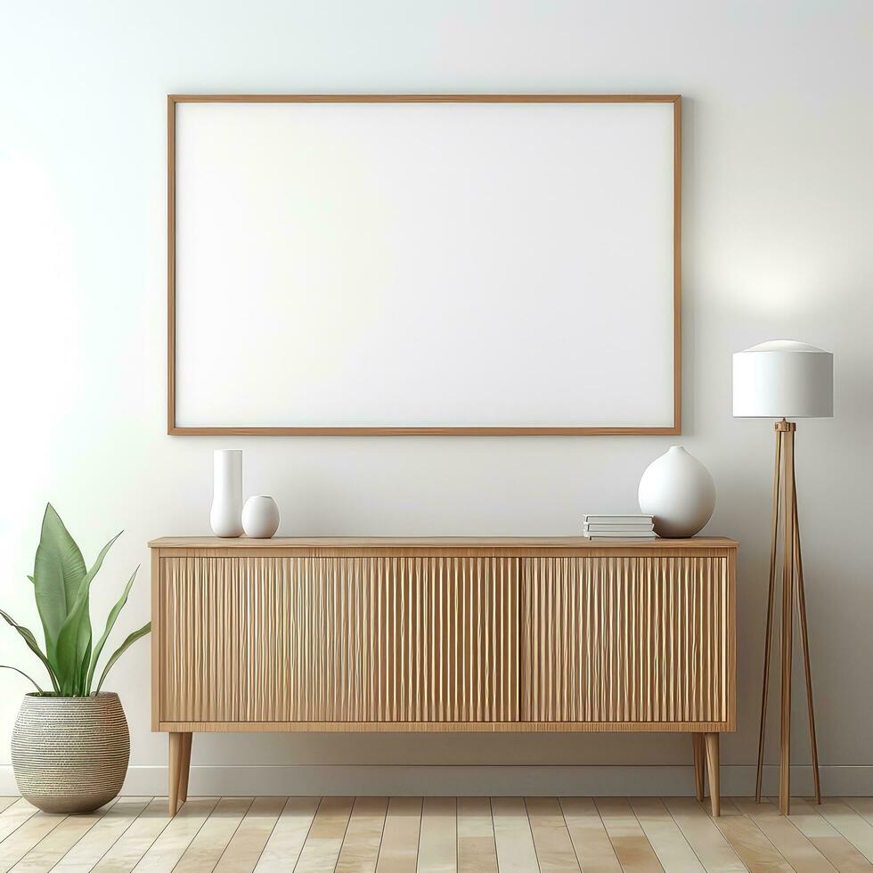 Minimalist Frame and Wooden Console with Silhouette Lighting AI generated photo