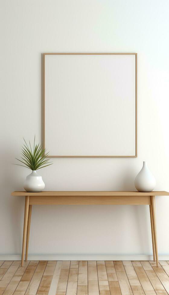 Minimalist Frame and Wooden Console with Silhouette Lighting AI generated photo