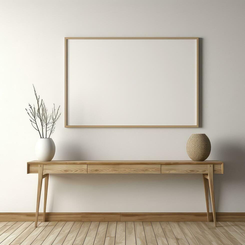 Minimalist Frame and Wooden Console with Silhouette Lighting AI generated photo