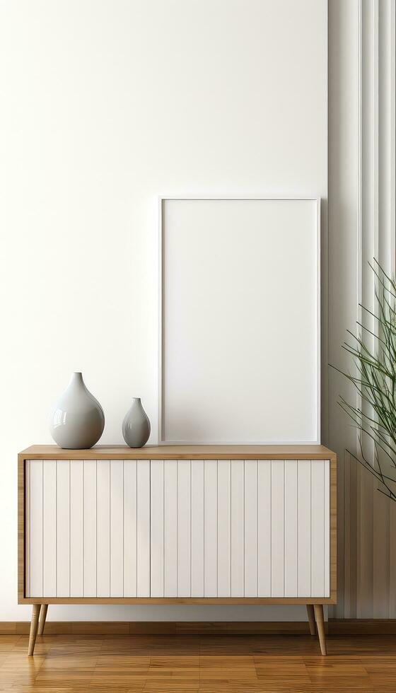 Minimalist Frame and Wooden Console with Silhouette Lighting AI generated photo