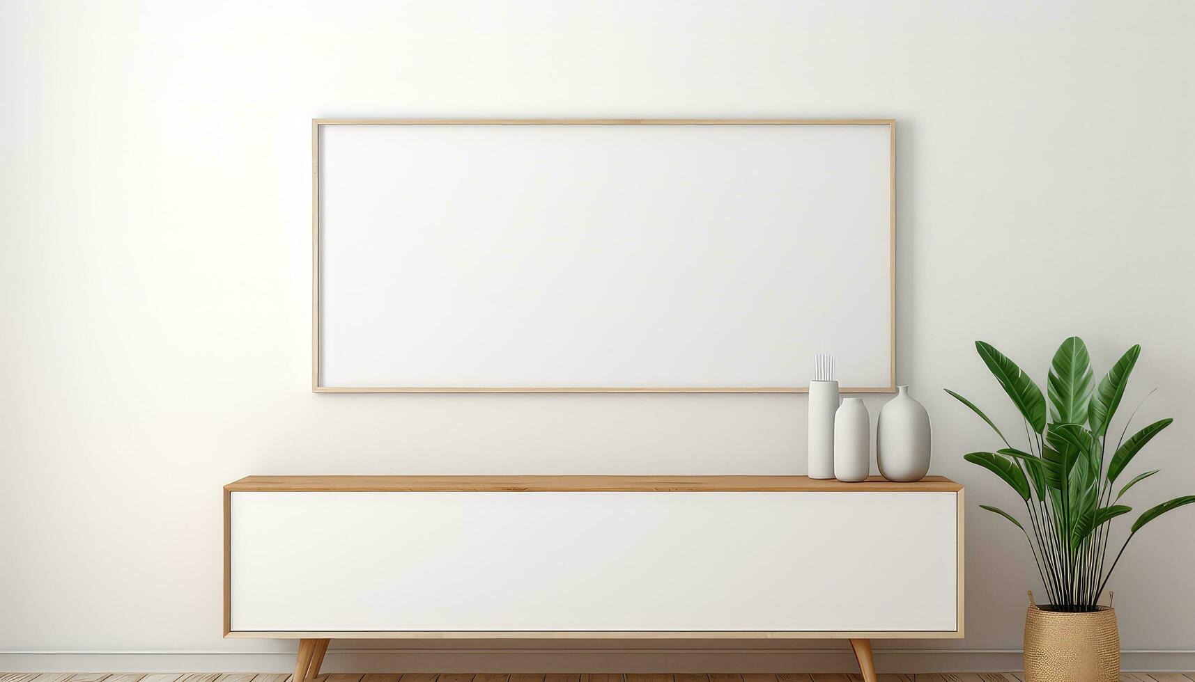 Minimalist Frame and Wooden Console with Silhouette Lighting AI generated photo