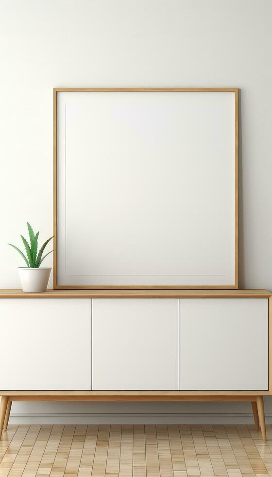 Minimalist Frame and Wooden Console with Silhouette Lighting AI generated photo