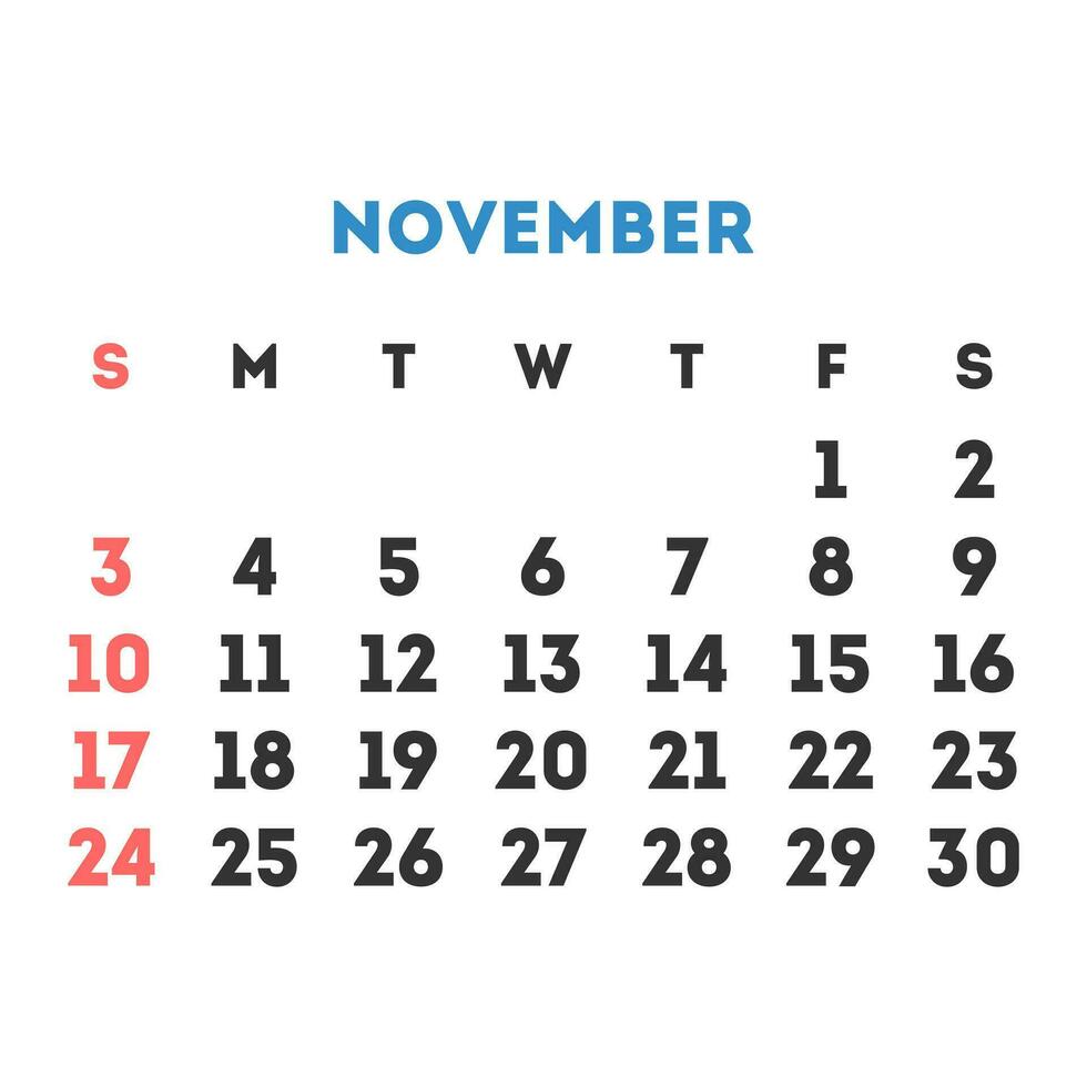 November 2024 month calendar. Vector illustration.