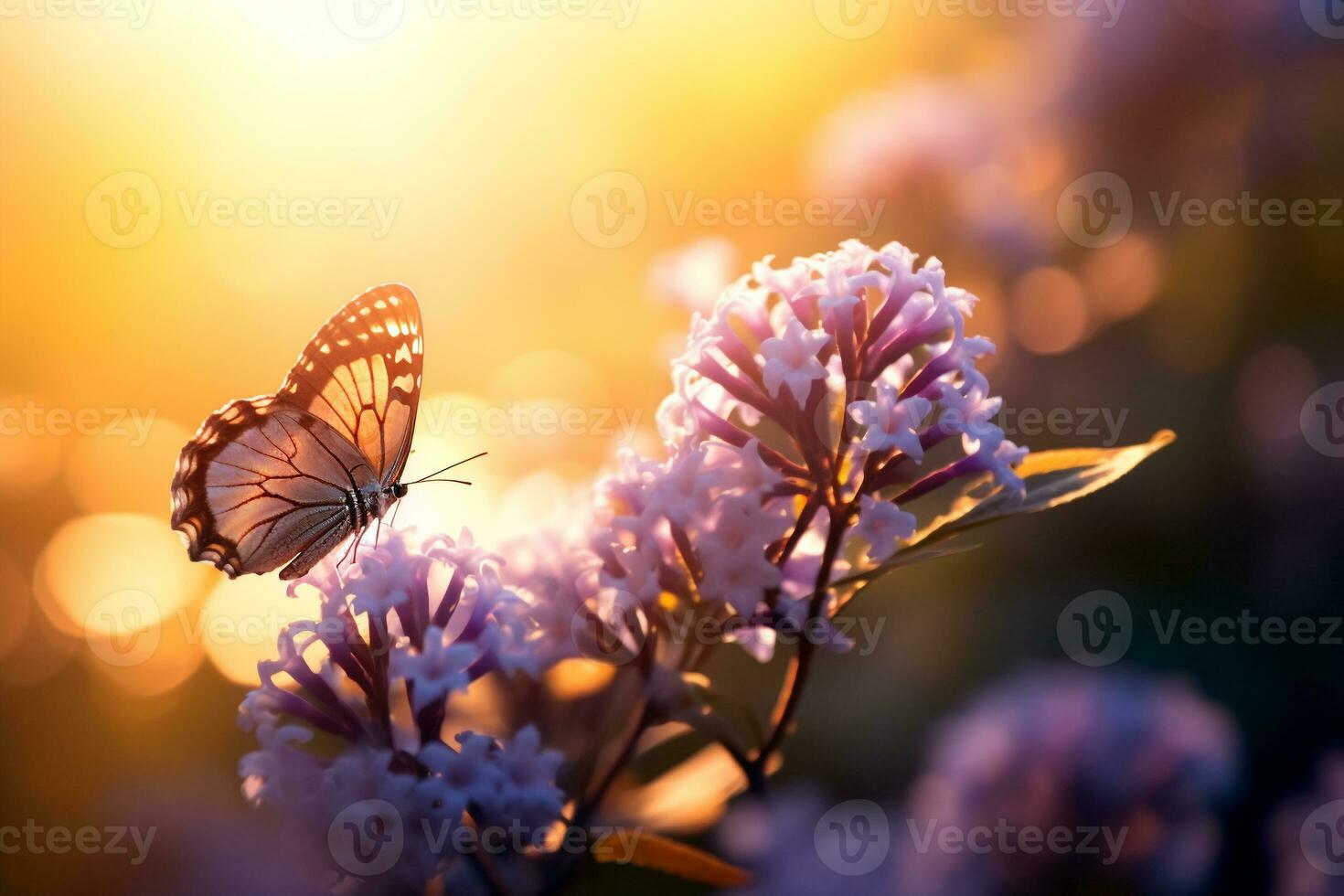 Macro photography, butterflies in the flowers with morning light with copy space.Created with Generative AI technology. photo