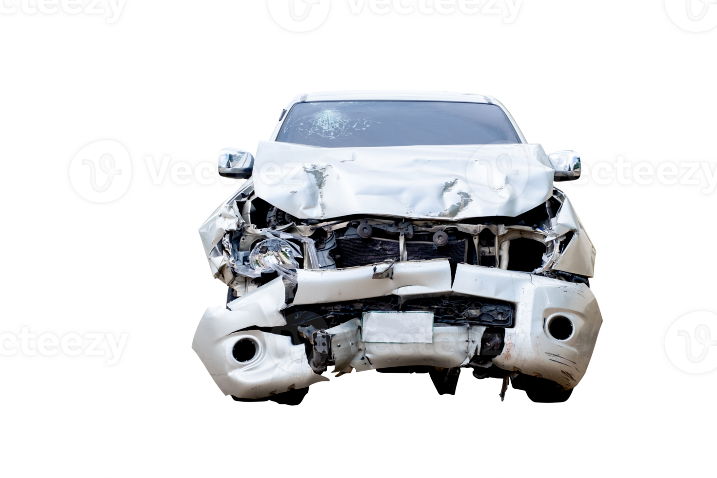 Front of broze or gray pickup get damaged by accident on the road. damaged cars after collision. isolated on transparent background, car crash bumper for graphic design element, PNG File