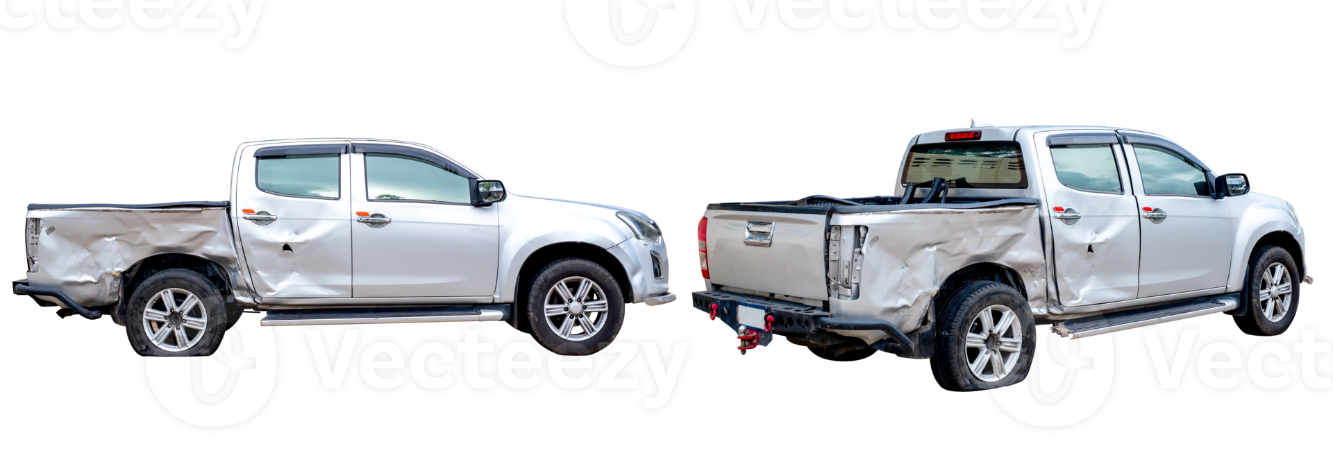 Set of Side view of gray or bronze pickup car get damaged by accident on the road. damaged cars after collision. isolated on transparent background, PNG File format